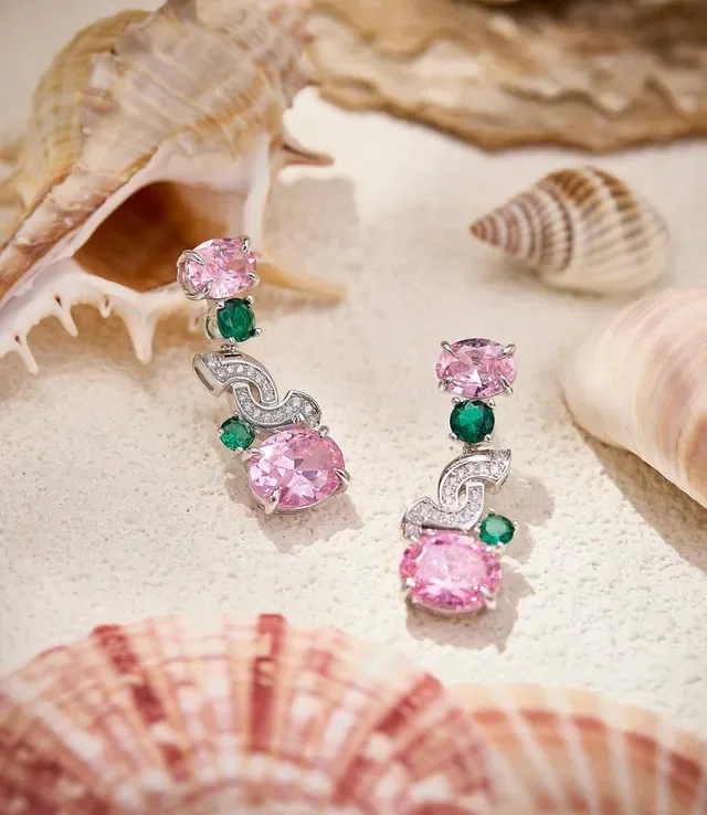 Gold-Tone Pink and Green Gemstone Swirl Motif Dangling Earrings 5