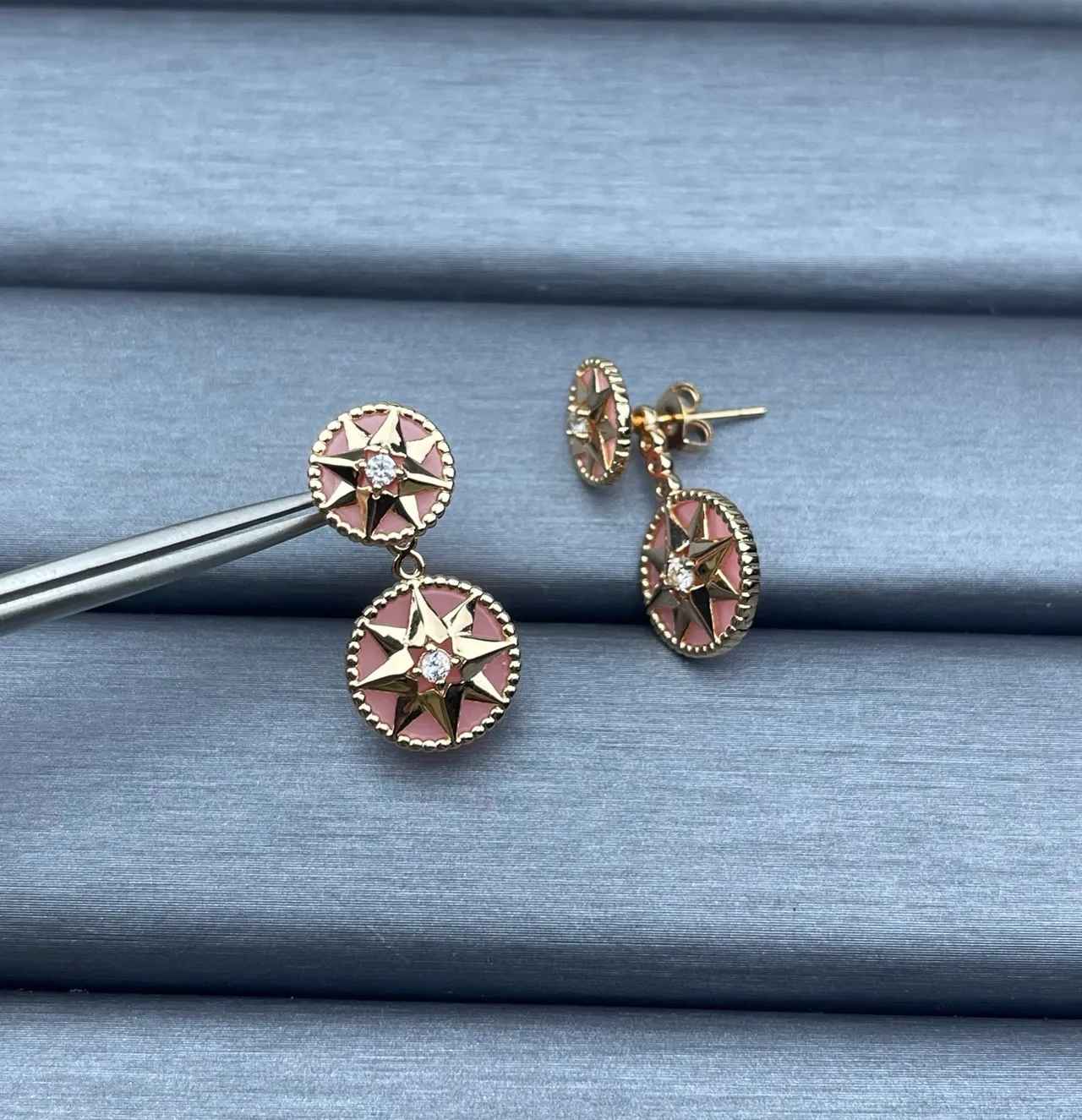 Gold-Tone Pink Enamel Star Motif Double-Drop Earrings 2