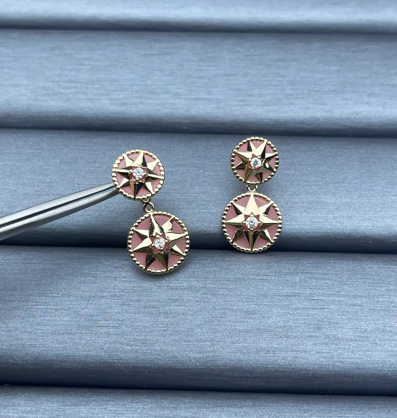 Gold-Tone Pink Enamel Star Motif Double-Drop Earrings 3