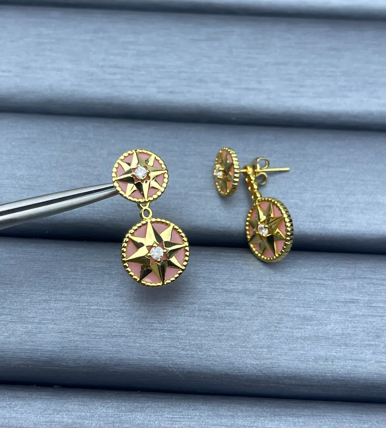 Gold-Tone Pink Enamel Star Motif Double-Drop Earrings 4