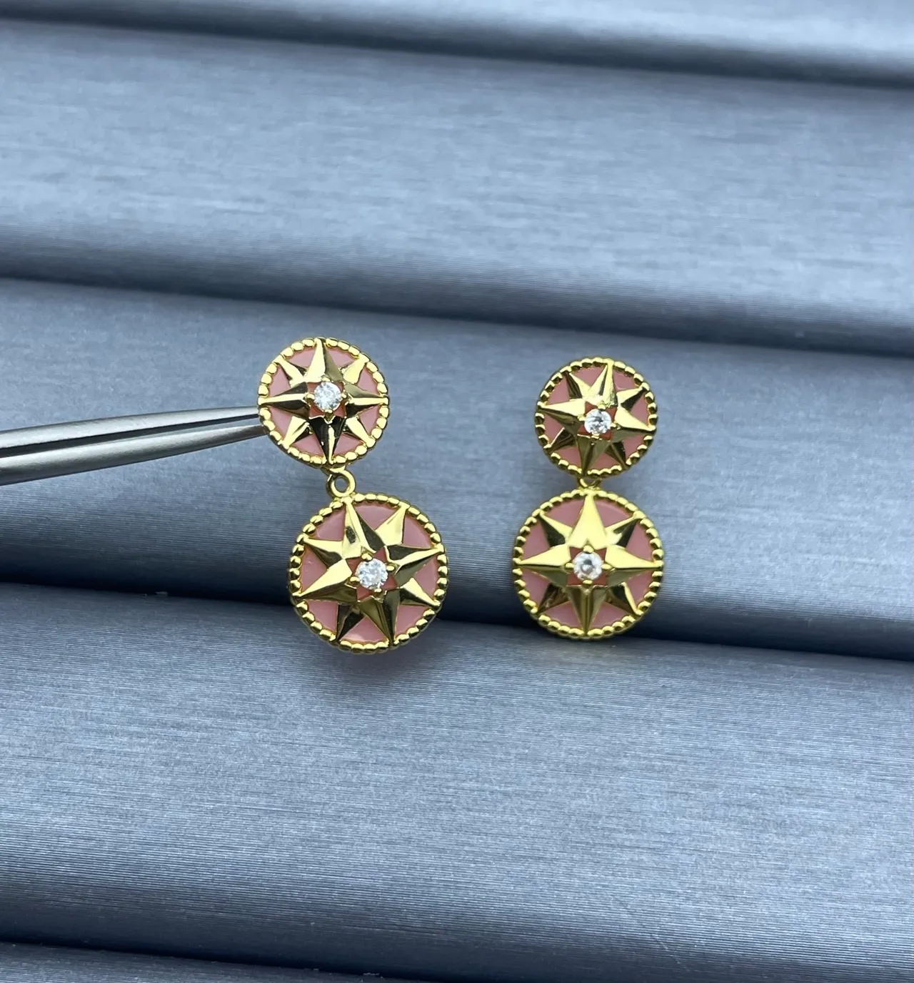 Gold-Tone Pink Enamel Star Motif Double-Drop Earrings 5