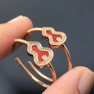 Gold-Tone Red Enamel Gourd Motif Pavé Hoop Earrings