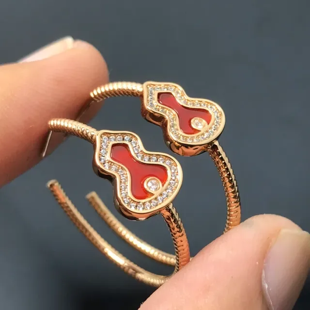 Gold-Tone Red Enamel Gourd Motif Pavé Hoop Earrings 2