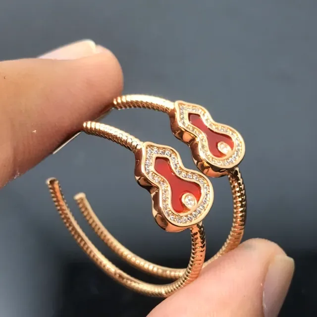 Gold-Tone Red Enamel Gourd Motif Pavé Hoop Earrings 3