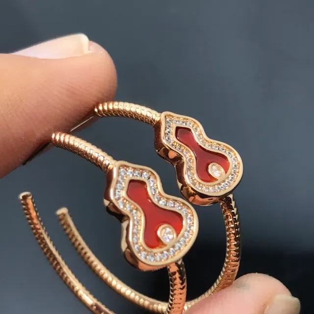 Gold-Tone Red Enamel Gourd Motif Pavé Hoop Earrings 4