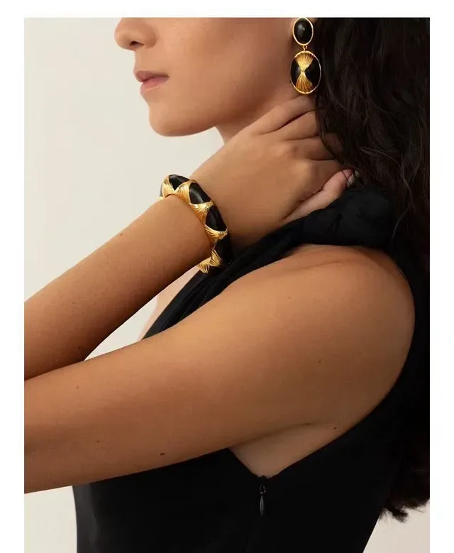 Gold-Tone Sunburst Motif Stone Inlay C-Shaped Cuff Bracelets 2