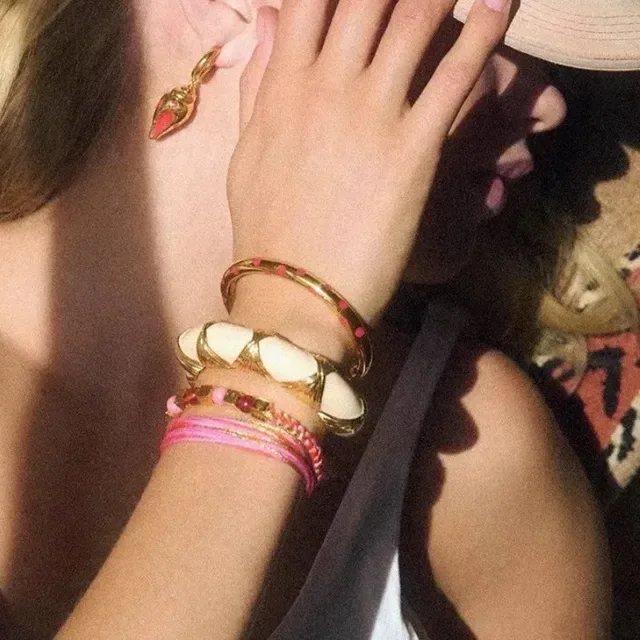 Gold-Tone Sunburst Motif Stone Inlay C-Shaped Cuff Bracelets 3