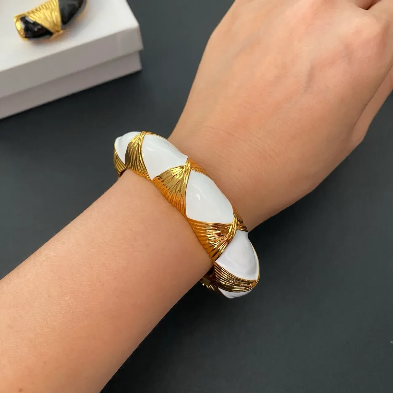 Gold-Tone Sunburst Motif Stone Inlay C-Shaped Cuff Bracelets 5