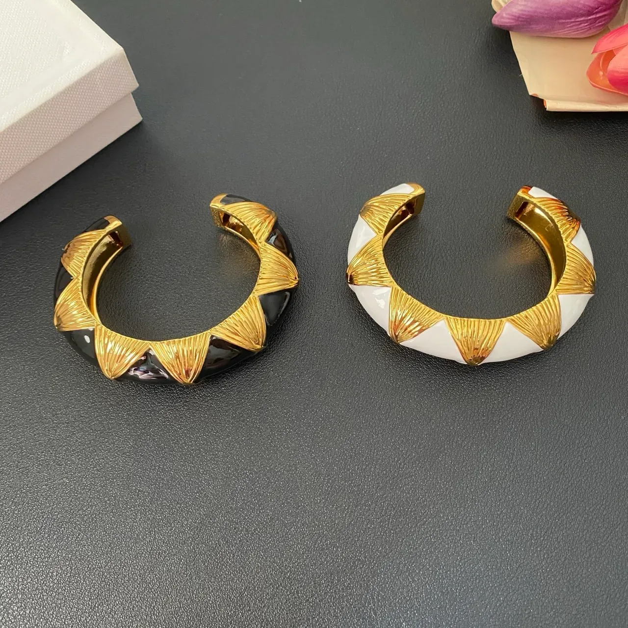 Gold-Tone Sunburst Motif Stone Inlay C-Shaped Cuff Bracelets 7