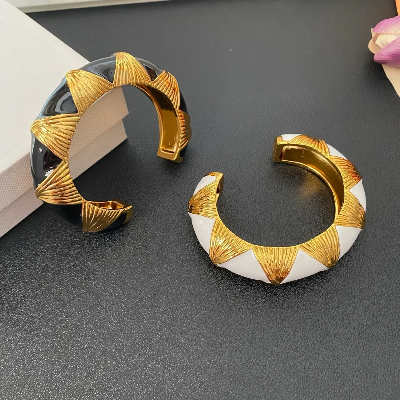 Gold-Tone Sunburst Motif Stone Inlay C-Shaped Cuff Bracelets 9