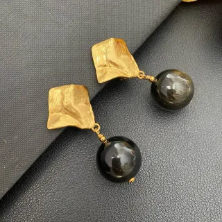 Gold-Tone Textured Top Black Sphere Drop Earrings