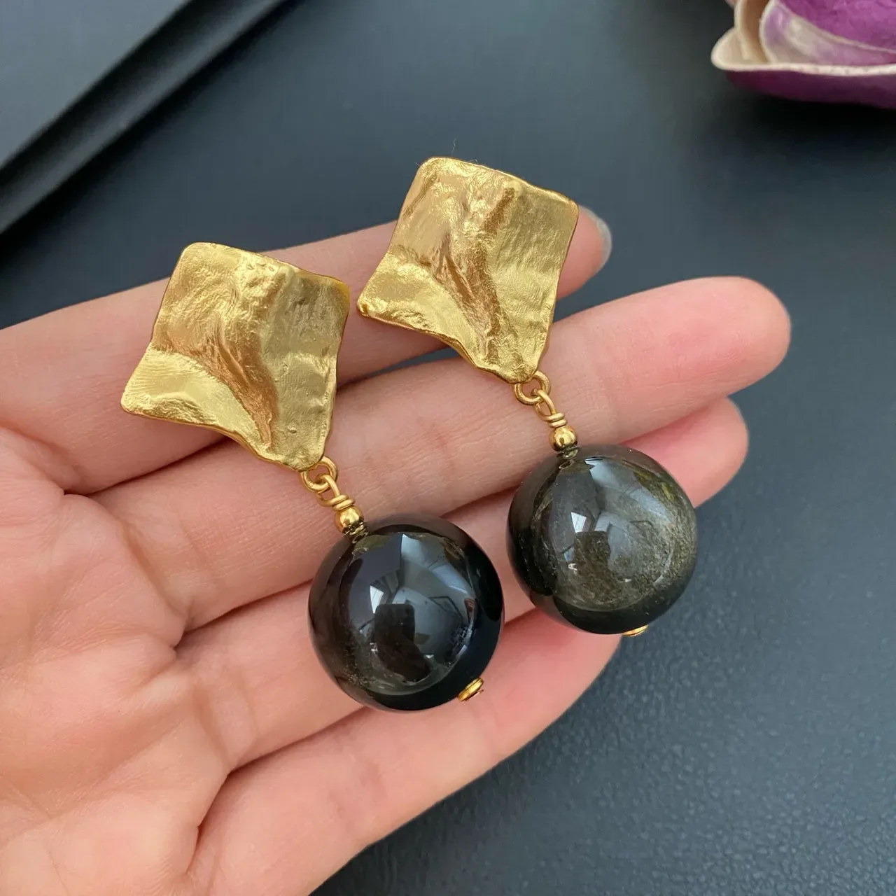 Gold-Tone Textured Top Black Sphere Drop Earrings 3