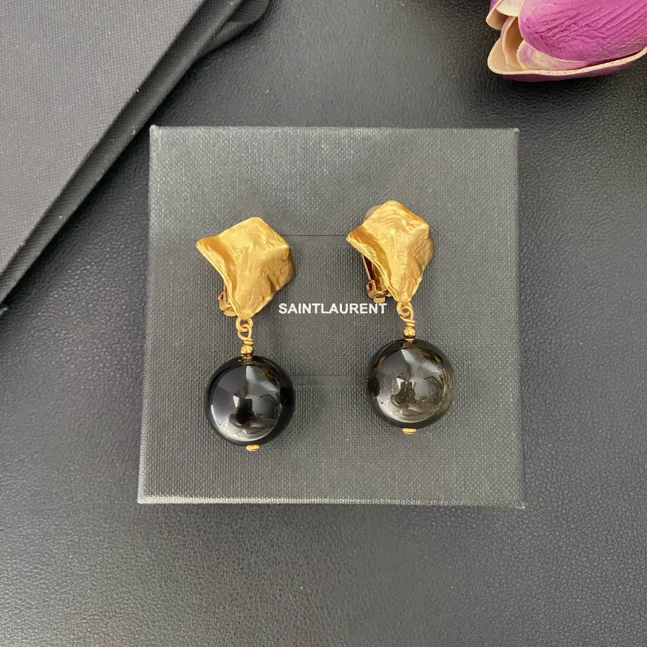 Gold-Tone Textured Top Black Sphere Drop Earrings 6