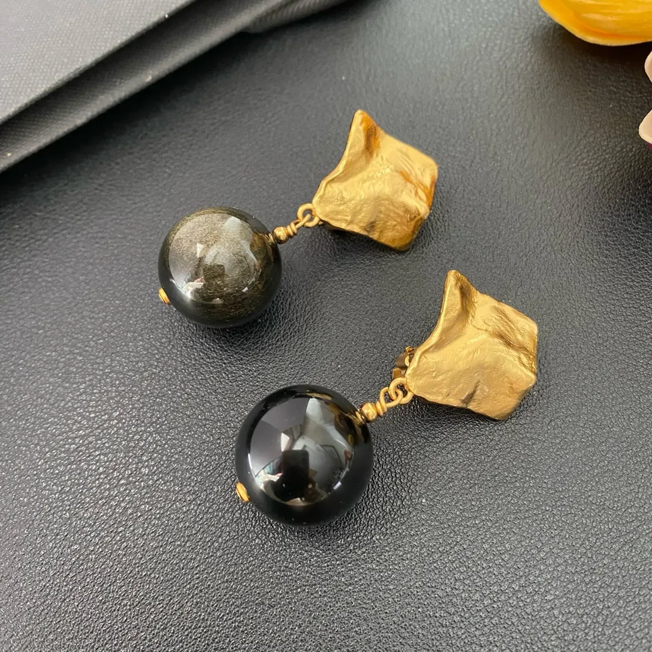 Gold-Tone Textured Top Black Sphere Drop Earrings 7