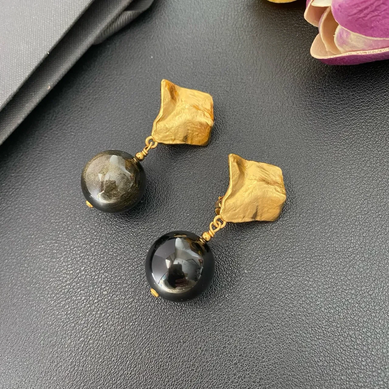 Gold-Tone Textured Top Black Sphere Drop Earrings 8