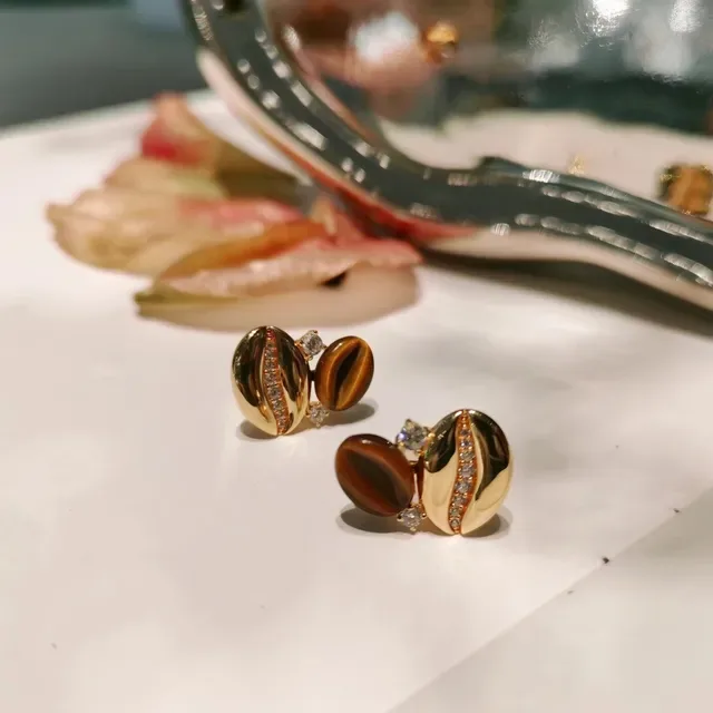 Gold-Tone Tiger's Eye and Pavé Stud Earrings 7
