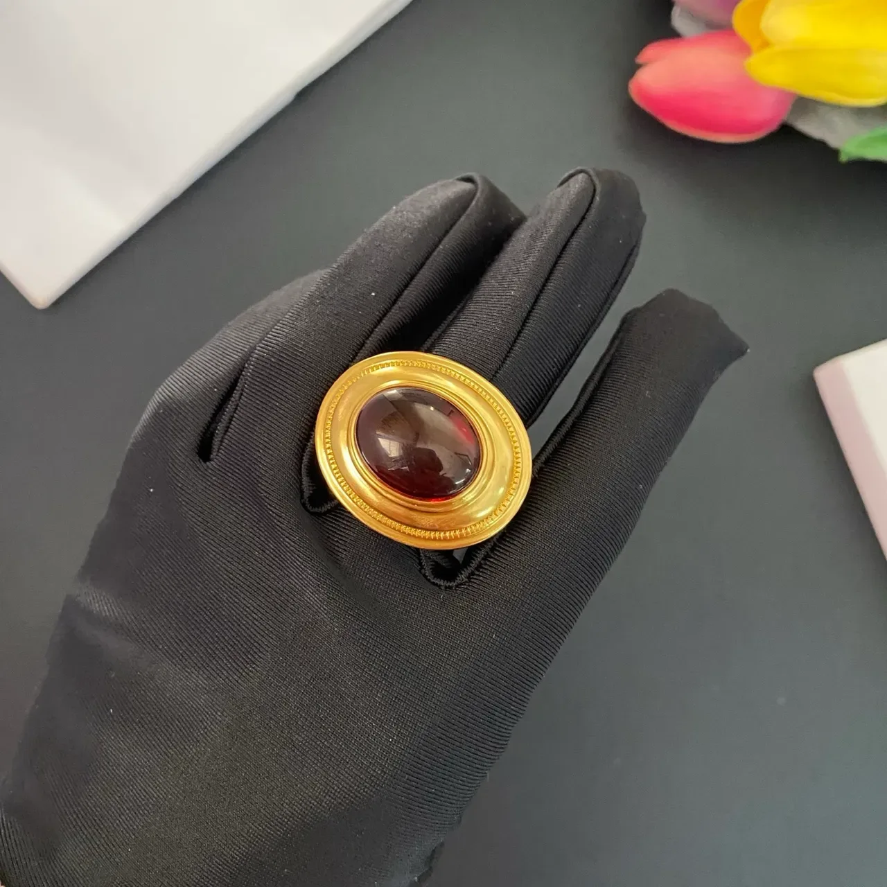Gold-Toned Cabochon Red Stone Ring 6