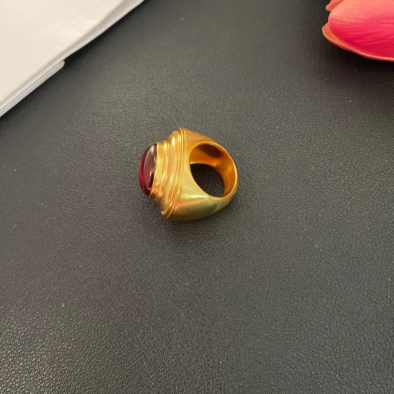 Gold-Toned Cabochon Red Stone Ring 8