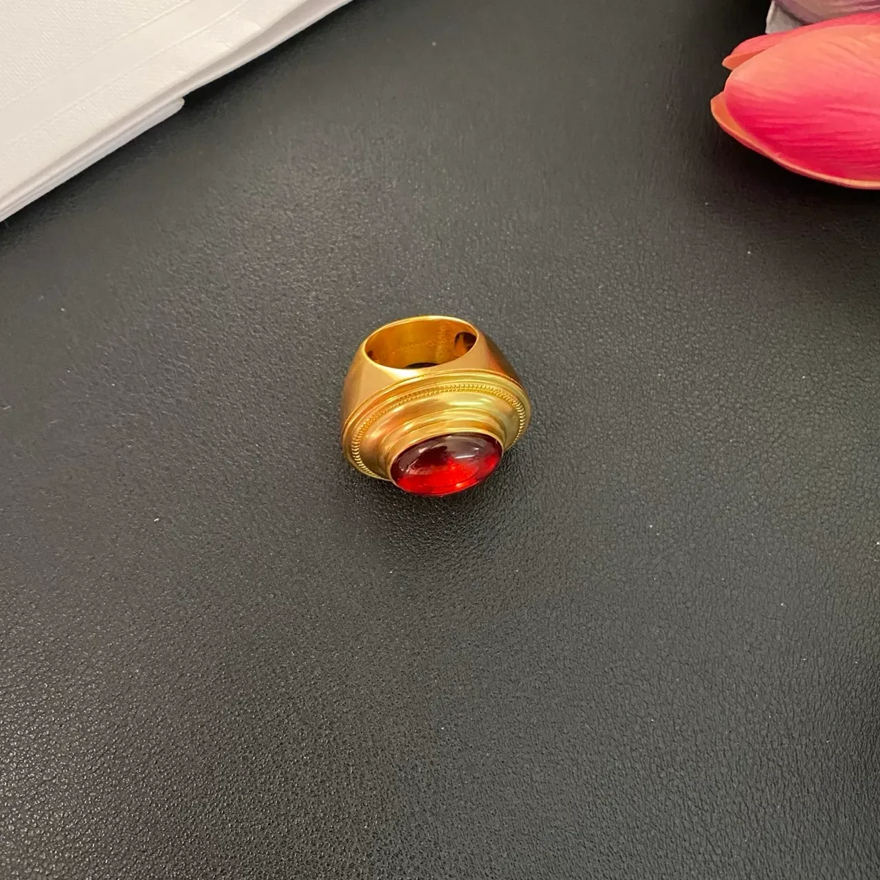 Gold-Toned Cabochon Red Stone Ring 9