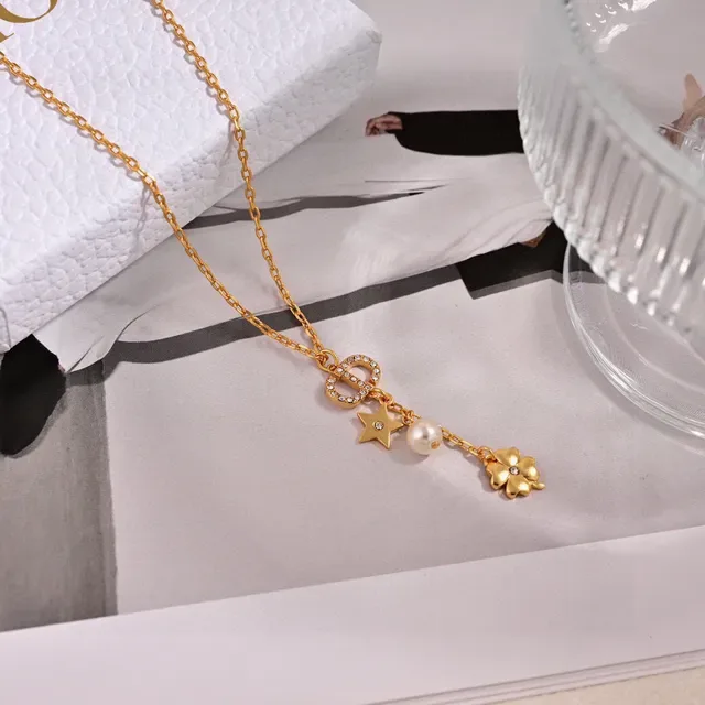 Gold White Chain Multi-Charm Pendant Necklace 2