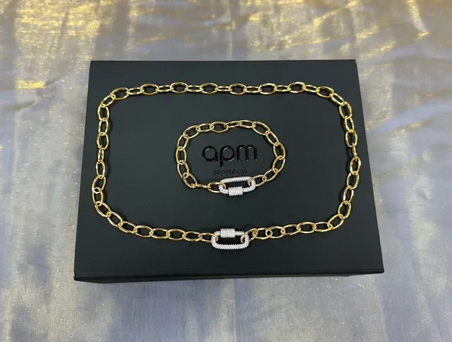 Gold White Oval Link Chain Pavé-Set Rectangular Clasp Necklace 4