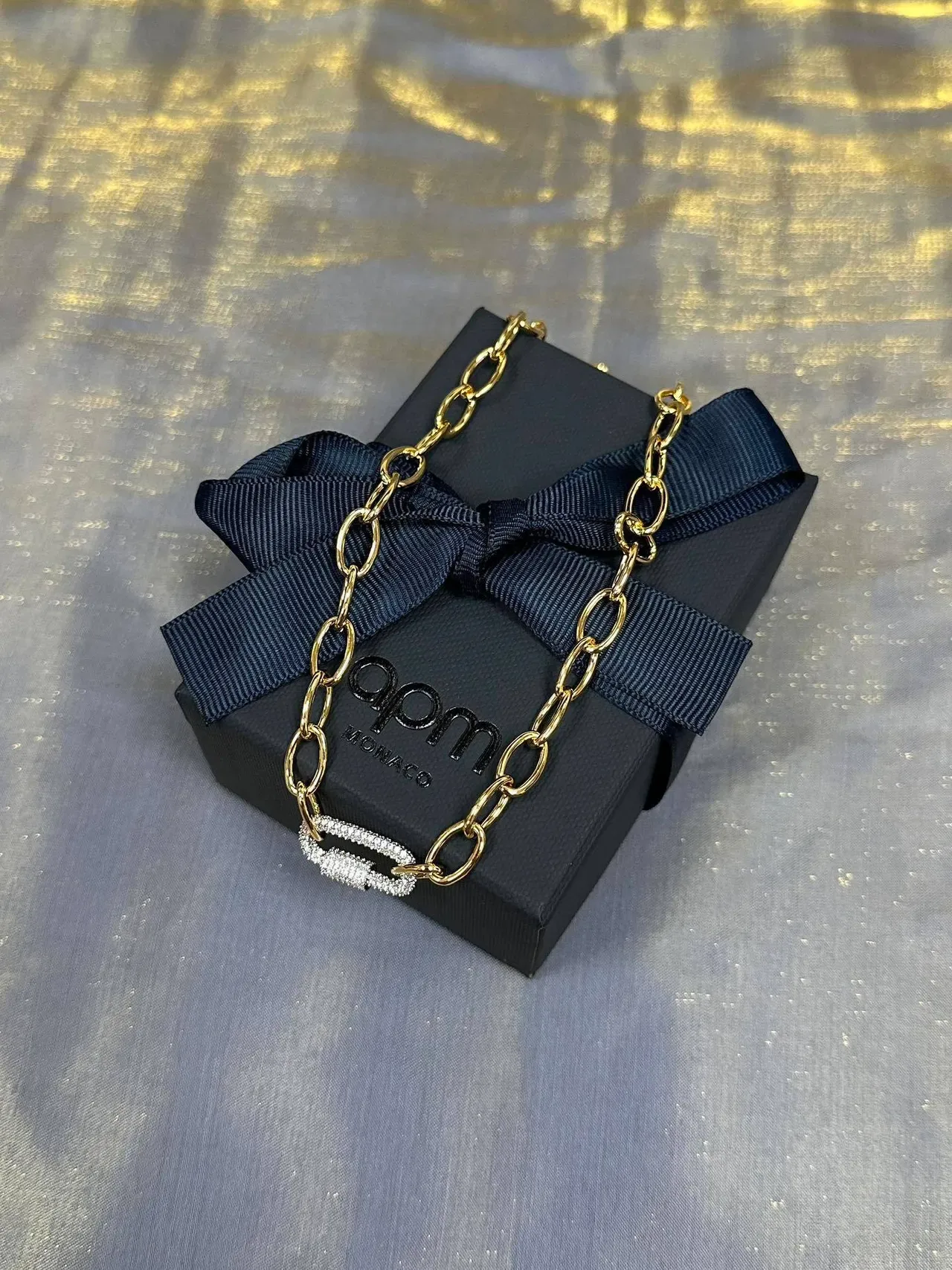 Gold White Oval Link Chain Pavé-Set Rectangular Clasp Necklace 6