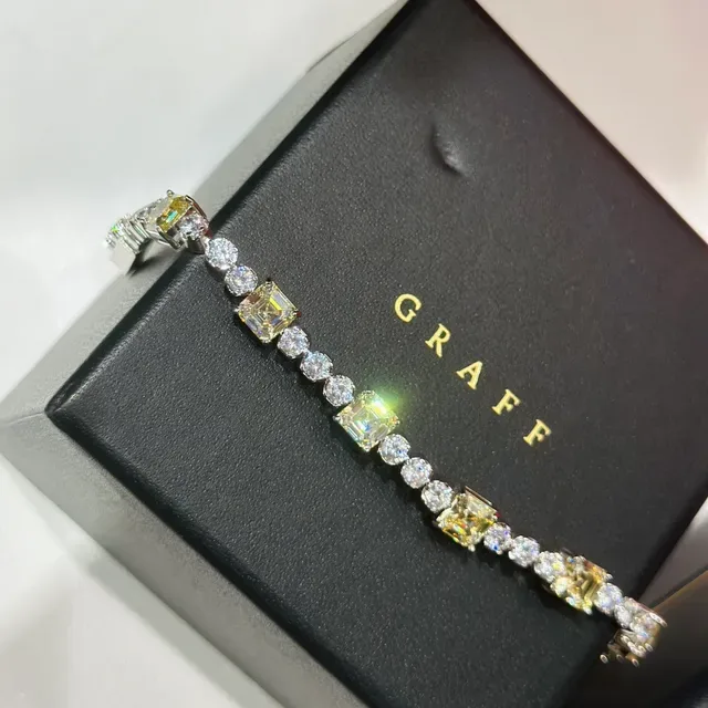 Graff Silver Yellow Tennis-Style Alternating Square And Round Stones Bracelet 6