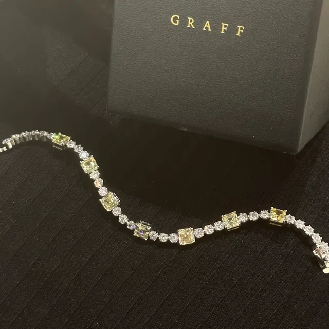 Graff Silver Yellow Tennis-Style Alternating Square And Round Stones Bracelet 9