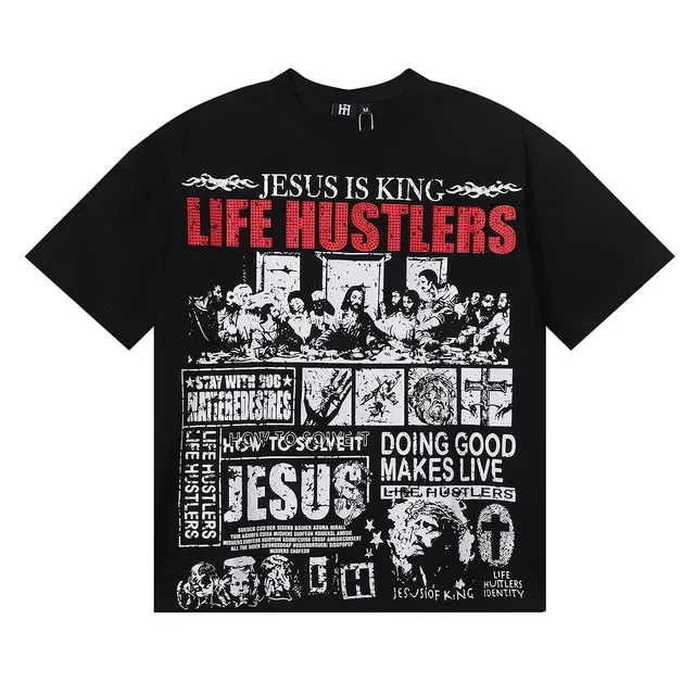 Graphic Print Collage-Style Religious Theme T-Shirt 5