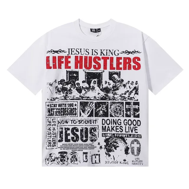 Graphic Print Collage-Style Religious Theme T-Shirt 7