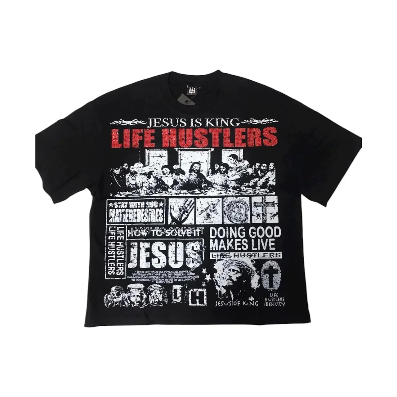 Graphic Print Collage-Style Religious Theme T-Shirt 14