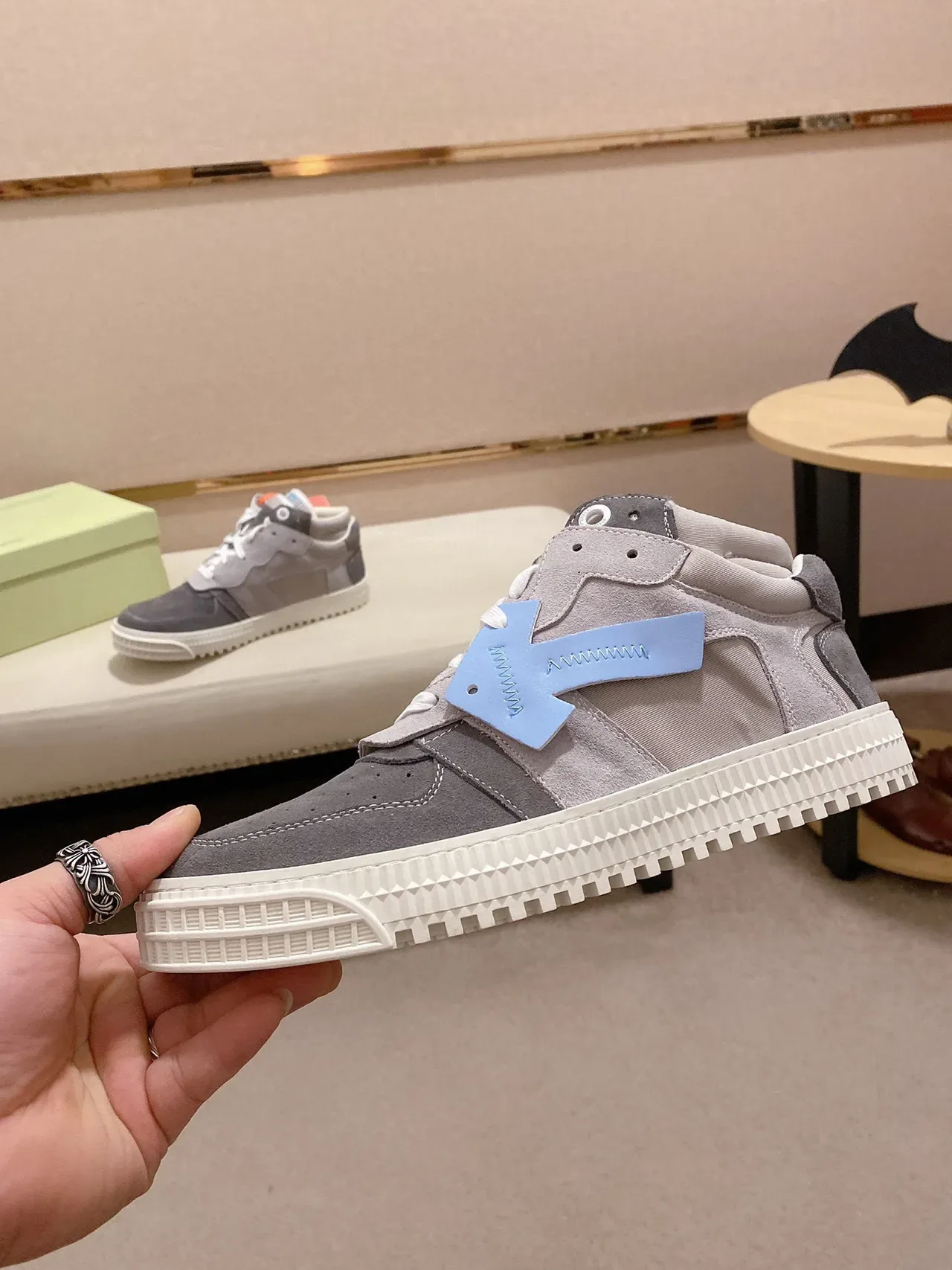Gray and Blue High-Top Mixed-Material Sneaker 8