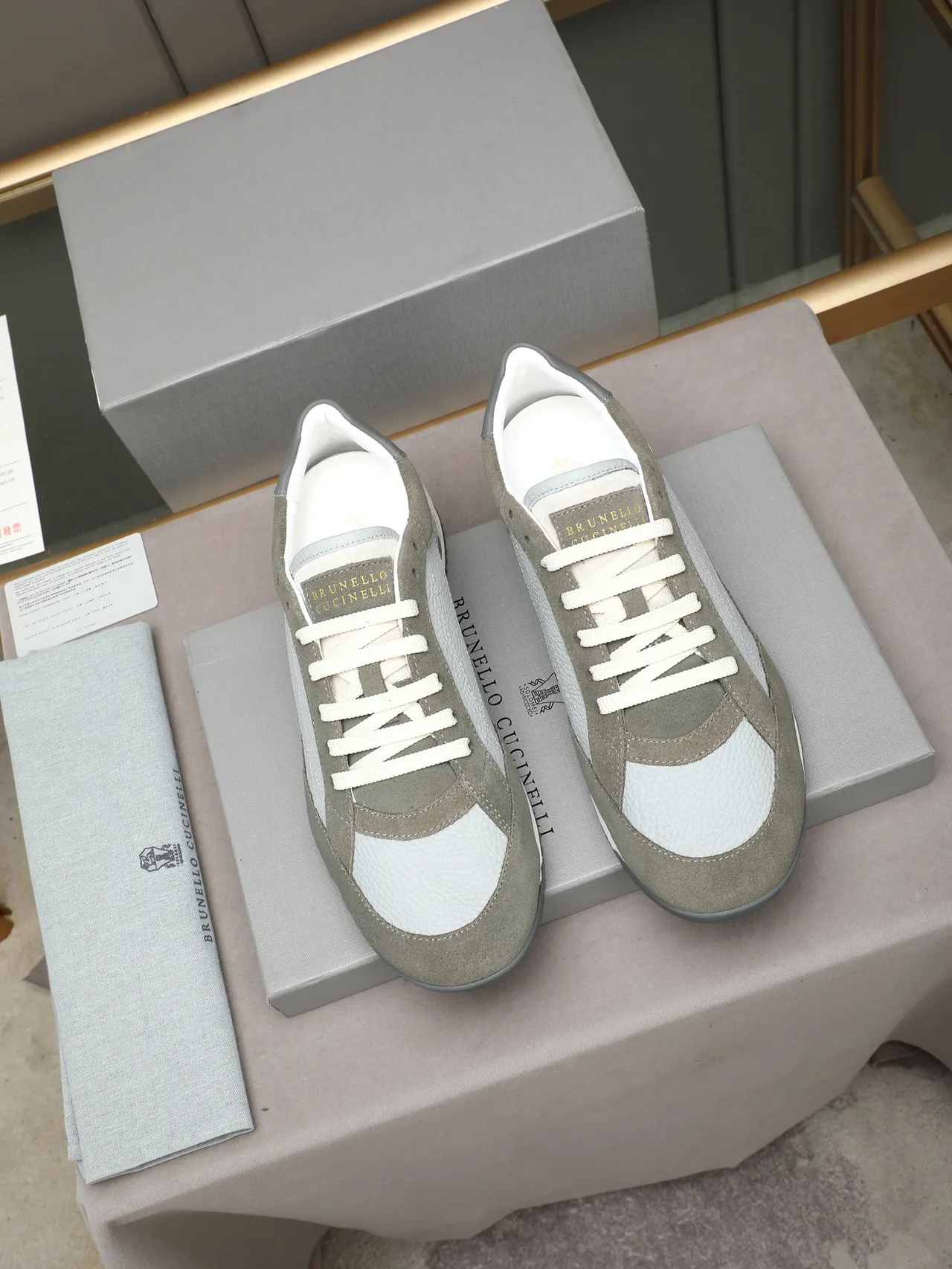 Gray and Off-White Mixed-Material Retro Runner Sneaker 3