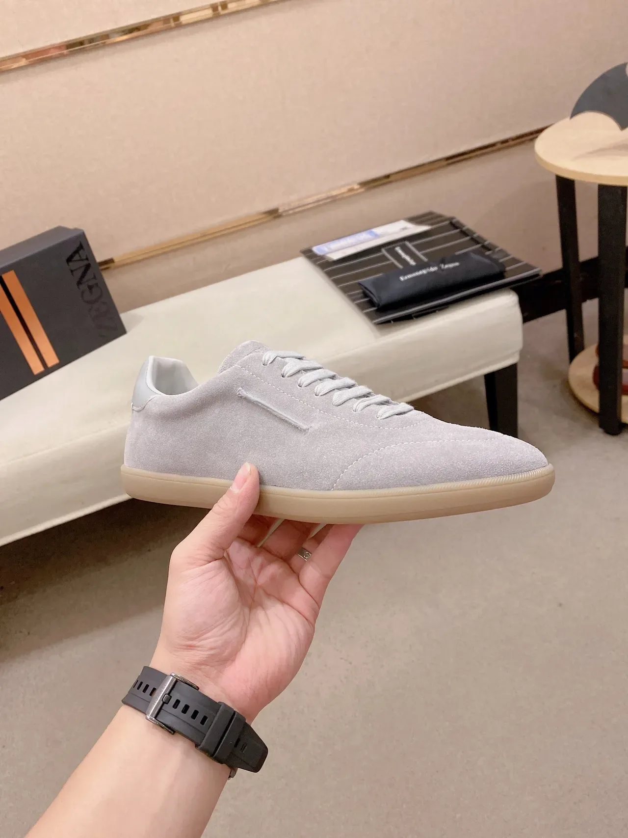 Gray Beige Suede Upper Gum Rubber Sole Sneakers 4