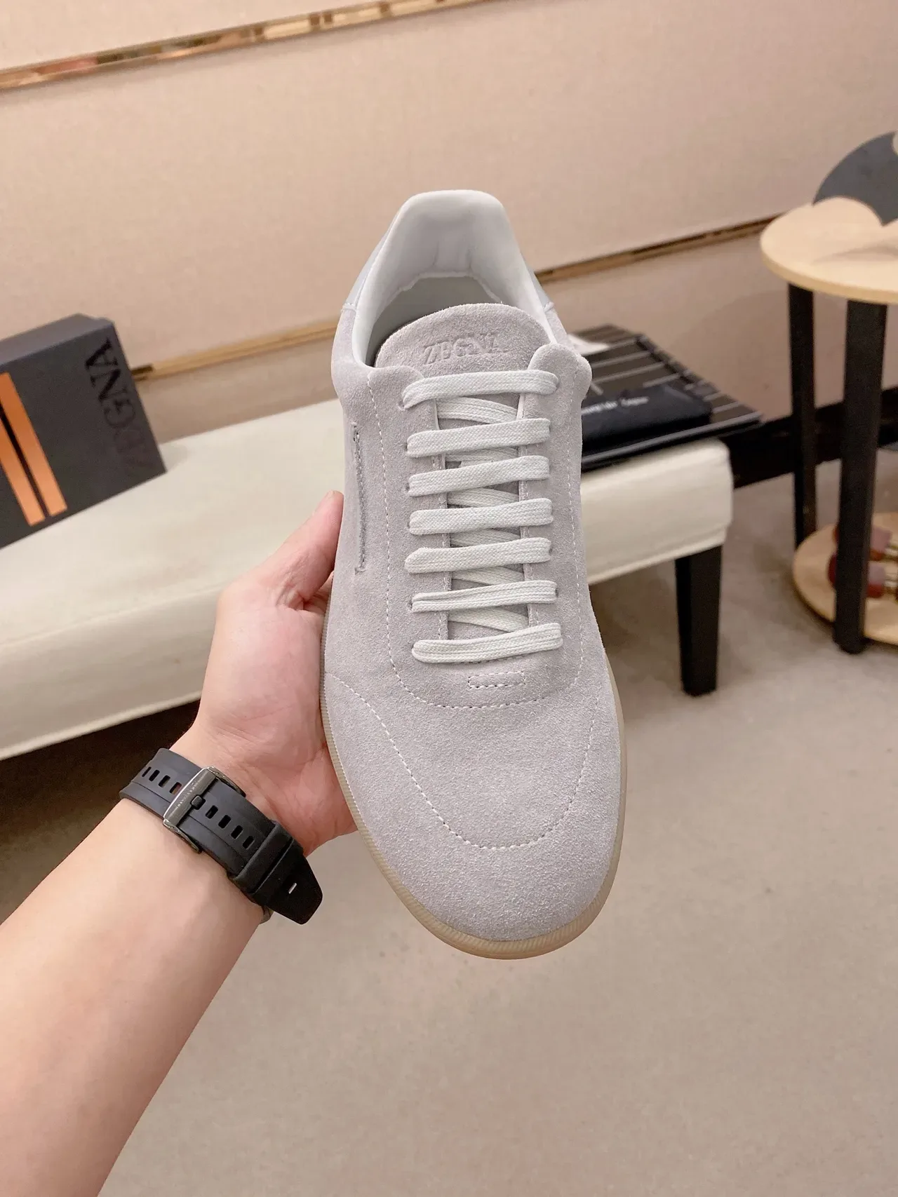 Gray Beige Suede Upper Gum Rubber Sole Sneakers 5