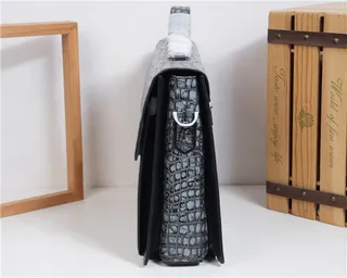 Gray Black Crocodile-Embossed Leather Structured Rectangular Silhouette Handbag 8