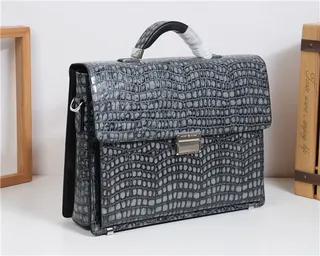 Gray Black Crocodile-Embossed Leather Structured Rectangular Silhouette Handbag 9