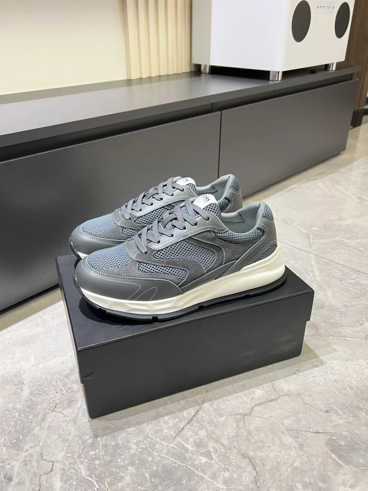 Gray Mesh and Suede Hybrid Chunky Midsole Lifestyle Sneakers 4