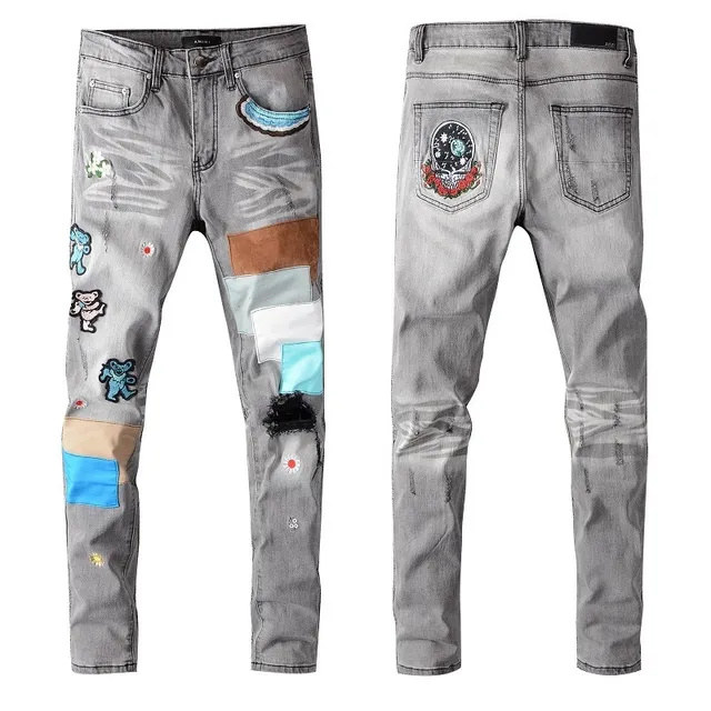 Gray Multicolor Patchwork Distressed Slim-Fit Jeans 1