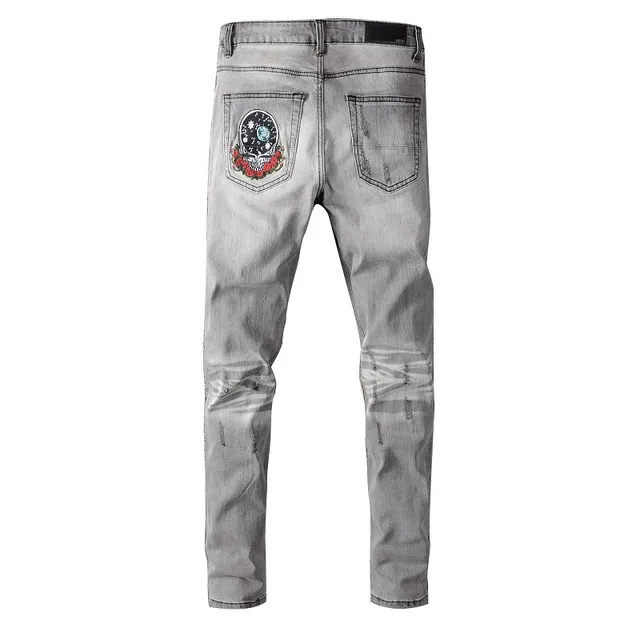 Gray Multicolor Patchwork Distressed Slim-Fit Jeans 4