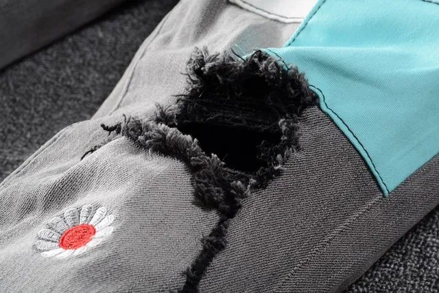 Gray Multicolor Patchwork Distressed Slim-Fit Jeans 7