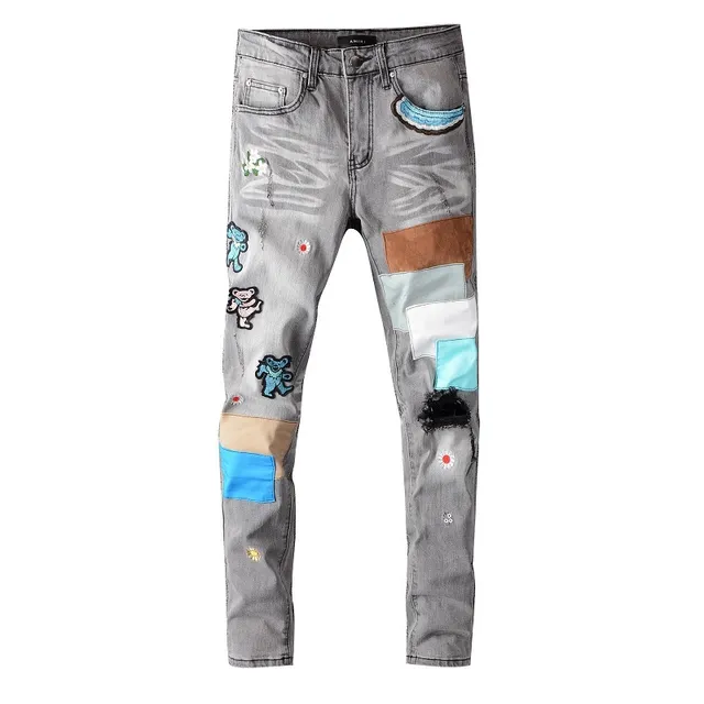 Gray Multicolor Patchwork Distressed Slim-Fit Jeans 15