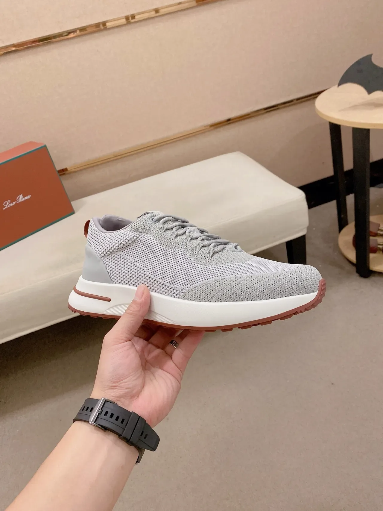 Gray Orange Knit Mesh Upper Chunky White Midsole Sneakers 5
