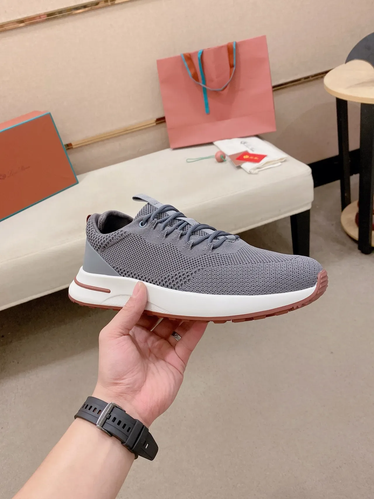 Gray Orange Knit Upper Low-Top Sneakers 4