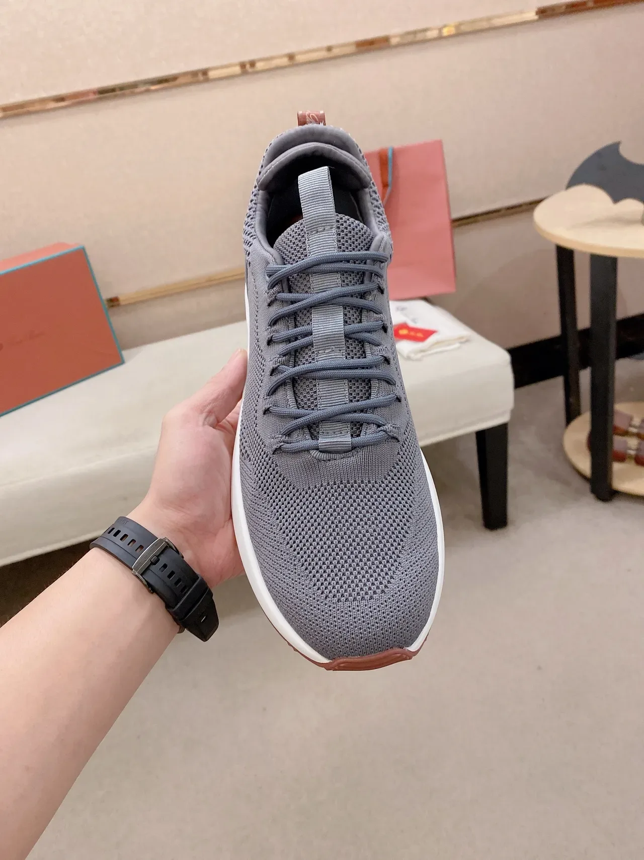 Gray Orange Knit Upper Low-Top Sneakers 5