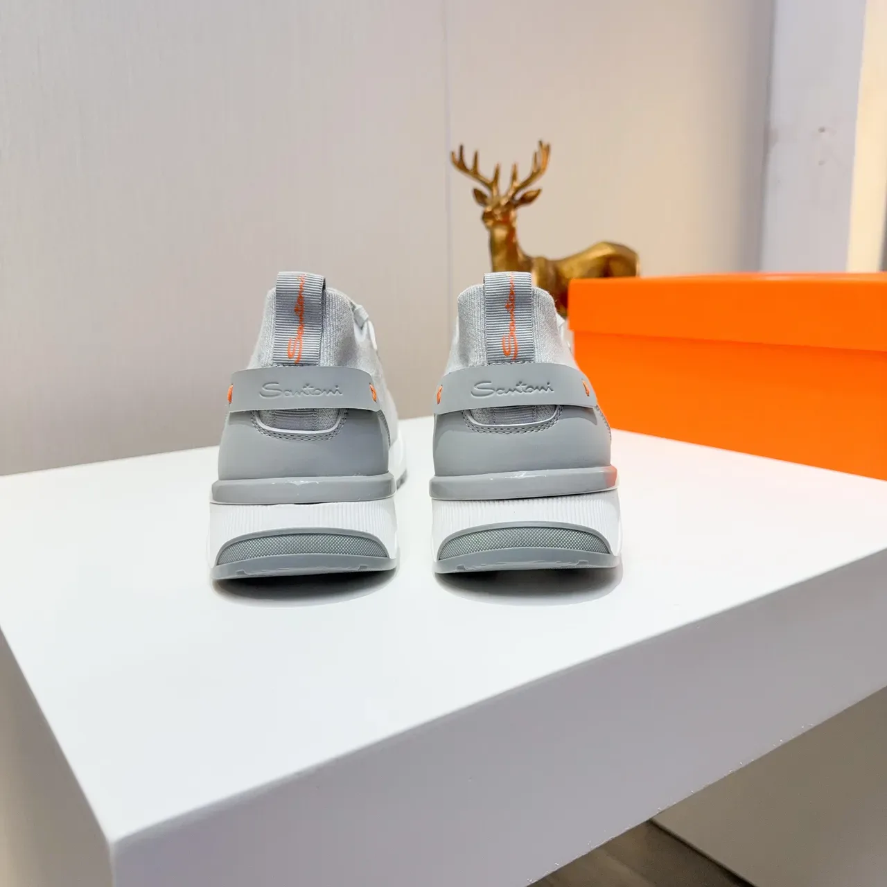 Gray Orange Knit Upper Sock-Fit Collar Sneakers 2