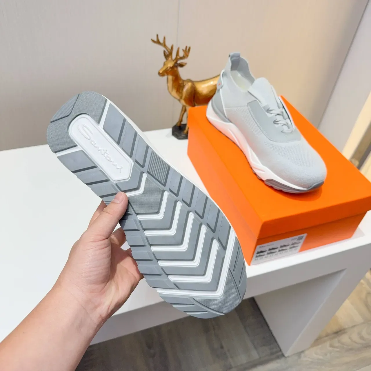 Gray Orange Knit Upper Sock-Fit Collar Sneakers 4