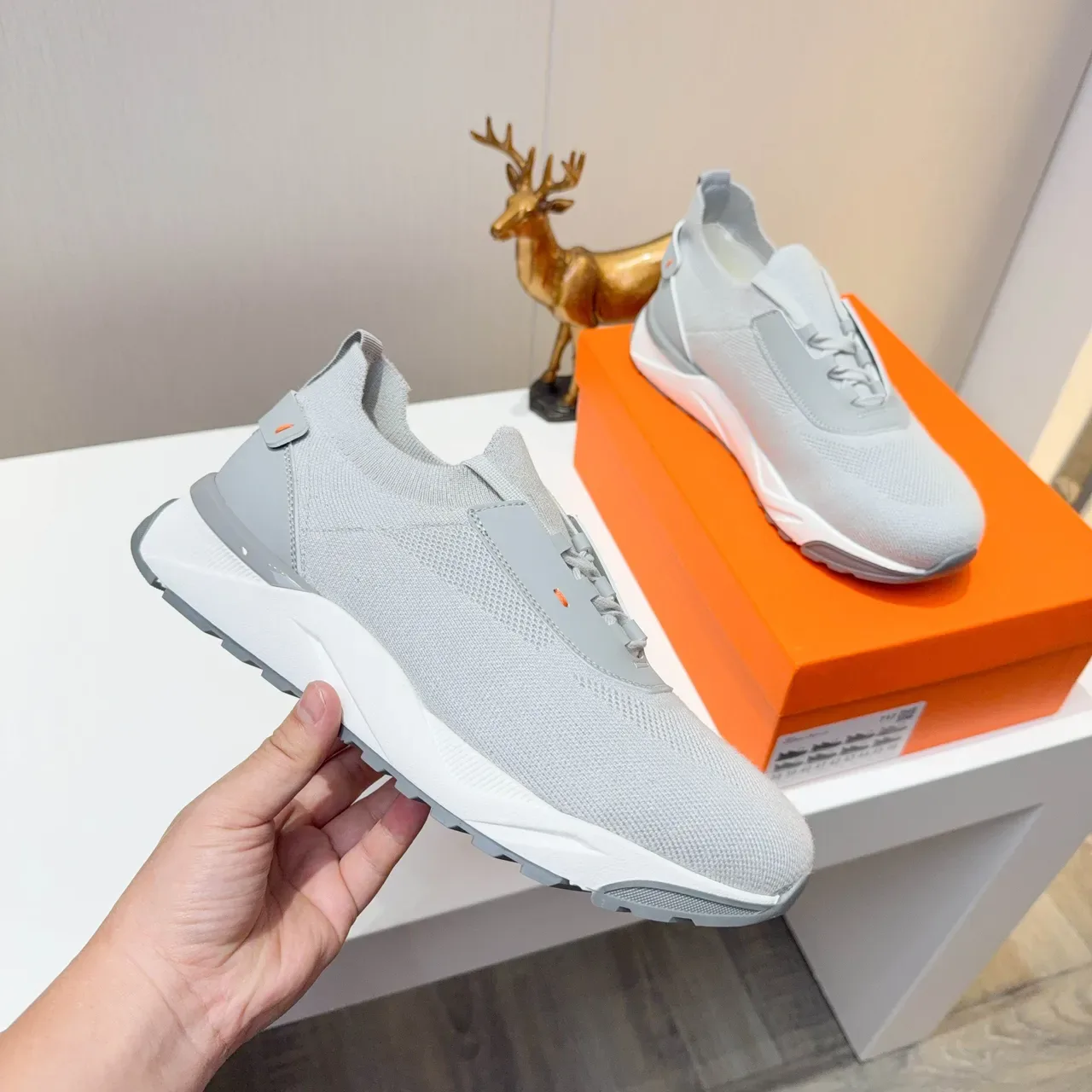 Gray Orange Knit Upper Sock-Fit Collar Sneakers 5