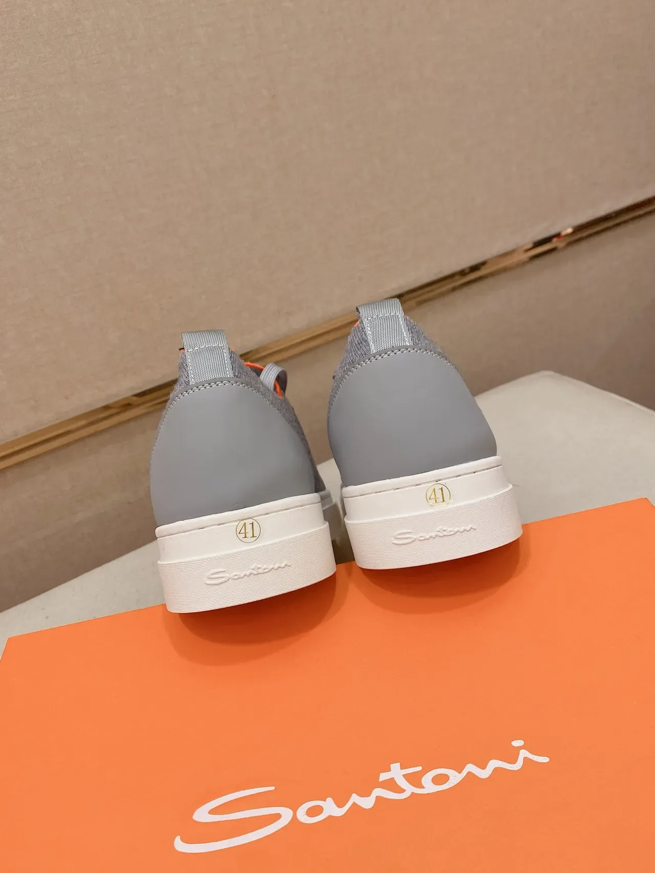 Gray Orange Knit Upper Sock-Fit Collar Sneakers 3