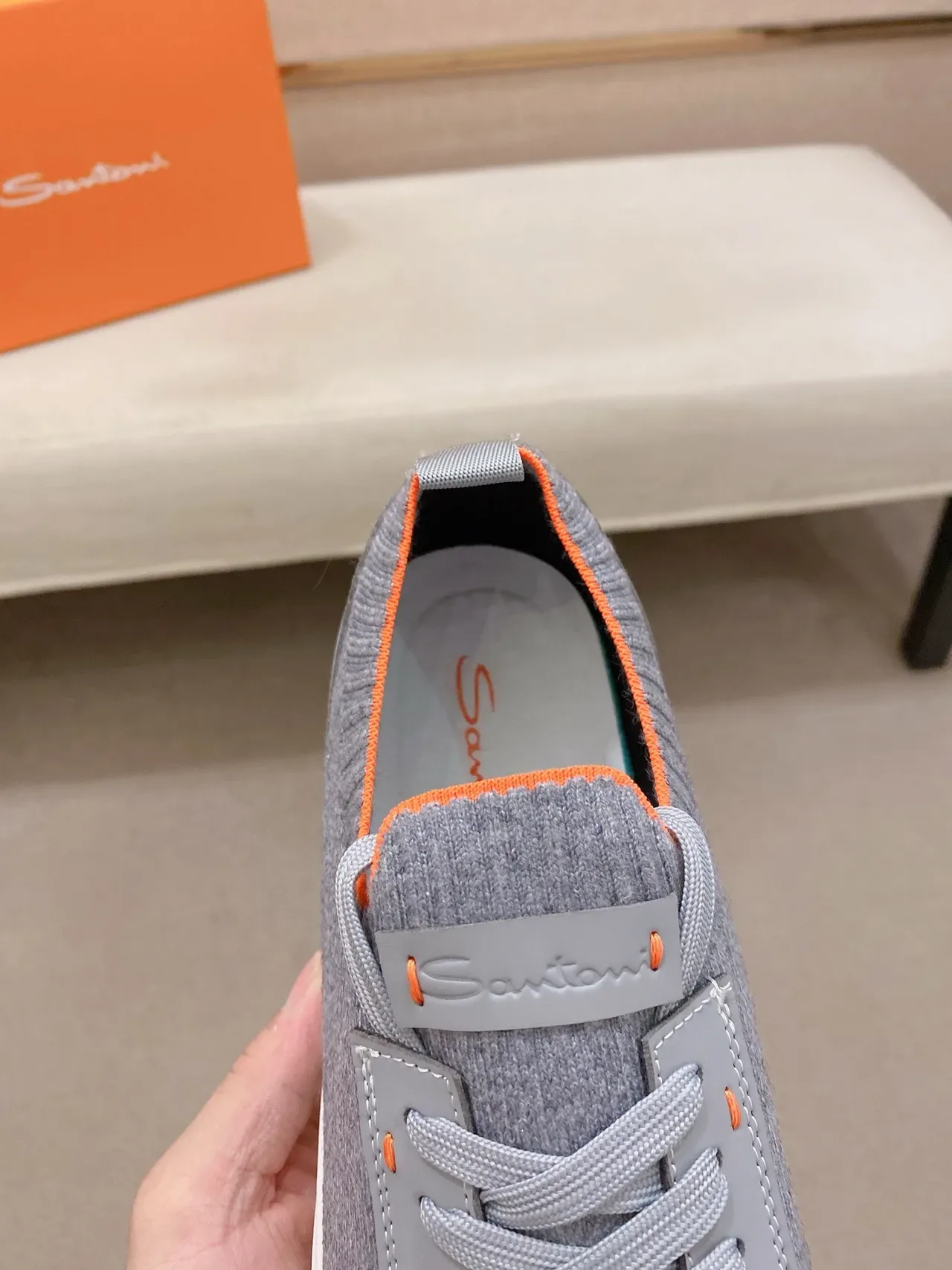 Gray Orange Knit Upper Sock-Fit Collar Sneakers 4
